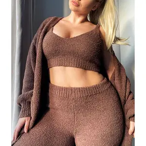 Trendy Knitted Cardigan Cropper Tank Tops Wide Leg Long Pants Sets Women Knitted Sweater 3 Pieces Set Women Lounge Set