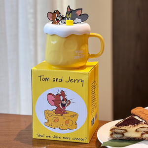 Tom And Jerry Ceramic <b>Mug</b> Light Yellow With Lid And Handle Cartoon Design For Presents - Product Image 5