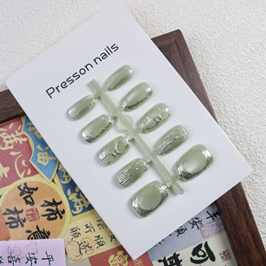 2025เล็บ<span class=keywords><strong>ปลอม</strong></span>สั้น10ชิ้นลายนูนสีเขียวหยกตาแมวกดบนเล็บสำหรับผู้หญิงดีไซน์ใหม่ - Product Image 2