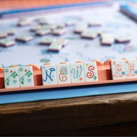 Tuiles de Mahjong de luxe modernes en acrylique, style Cowgirl, avec logo personnalisé, ensemble américain, 3 couches, portable, pour 4 joueurs, amusantes, à rayures bleues, boîte en carton