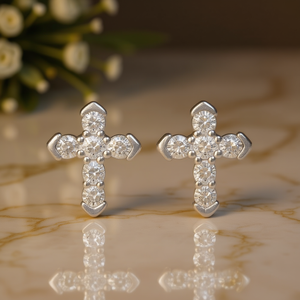 E4725 <b>White</b> <b>Gold</b> <b>Cross</b> Diamond Earrings Round Brilliant Cut Natural G Color Religious Unisex Jewelry - Product Image 2