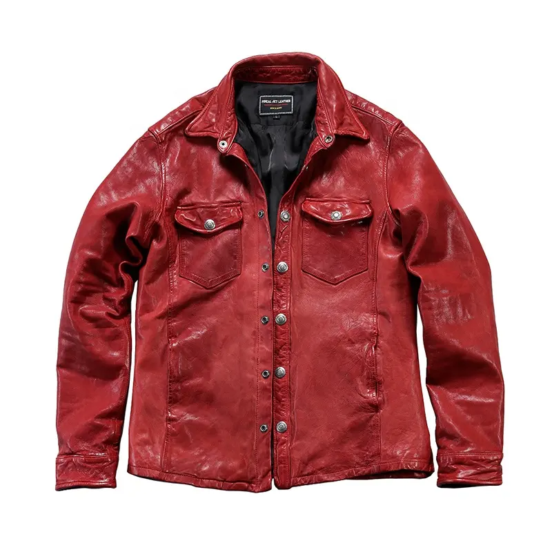 OEM de alta calidad al aire libre primavera roja chaqueta de los hombres para hombre camisa de cuero real ropa de piel de oveja camisas Casuales
