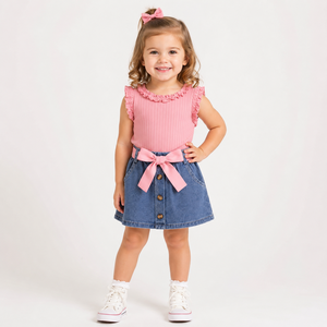 Set di <span class=keywords><strong>Abbigliamento</strong></span> <span class=keywords><strong>Estivo</strong></span> per Bambine, Completo con Canotta Senza Maniche e Gonna in Denim, Vendita all'Ingrosso - Product Image 2