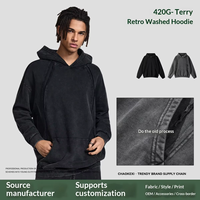 Herbst/Winter Neuerscheinung Retro Distressed Einfarbiger Hoodie Herren Locker Sitzender Trendiger Reiner Baumwoll-Waschpullover 400g+ Schwarz