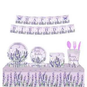 142PCS New Product Ideas 2023 Lavender Theme Party Decor Disposable Plates Cups Napkins For Kids Birthday Supplier