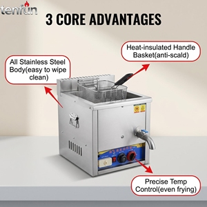 Friteuse à gaz professionnelle à contrôle thermostatique en acier inoxydable avec panier 10L pour poulet frit, frites et snack-bars - Product Image 3