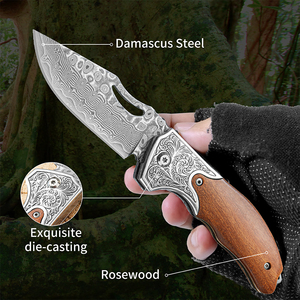 Cuchillo Plegable Táctico de Supervivencia EDC de Alta Calidad con Hoja de Damasco y Mango de Madera - Product Image 4