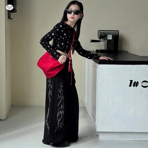 Completo da ragazza in 2 pezzi, top a maniche lunghe con strass a forma di stella a cinque punte, pantaloni a gamba larga per bambini adolescenti - Product Image 4