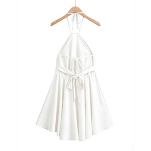 Robe mini décontractée blanche unie à col halter, sans manches, coupe trapèze, dos nu, ourlet à volants, respirante, ample, taille naturelle, pour l'été, les fêtes et la plage - Product Image 6