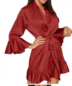 X2135 ucuz fabrika fiyat saten elbise güzel Ruffles kollu açılış alt seksi Kimono elbise kız pijama gecelik