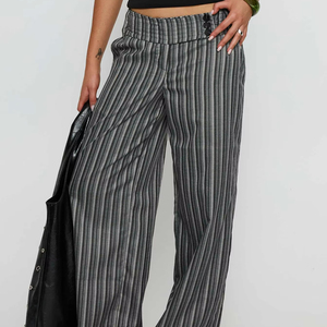 Pantalon large vintage gris à rayures verticales, taille haute, avec détails boutonnés, coupe décontractée rétro pour le bureau et le style urbain - Product Image 4