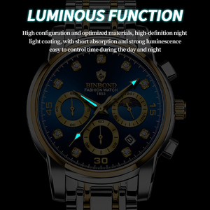 Montre de luxe BINBOND Six Hands pour homme, montre à quartz, bracelet en acier inoxydable, cadran à aiguilles lumineuses, 42 mm, résistante à l'eau 30 m - Product Image 5