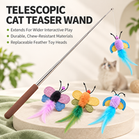 Bâton de jeu rétractable pour chat avec long manche, plumes, papillon et clochette, avec herbe à chat pour l'exercice et le jeu des chatons