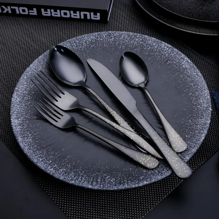 Luxe Custom Logo Restaurant 5Pcs Zwarte Kleur Roestvrij Stalen Metalen Lepel En Vork Bestek Bestek Set Met Dot Schilderen