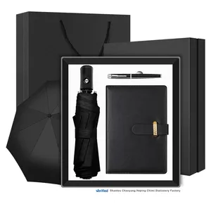 Wholesale Cheaper Promotional Marketing Items Exclusive Automatic Umbrella+Metal Pen+ PU Leather Notebook woman gift set