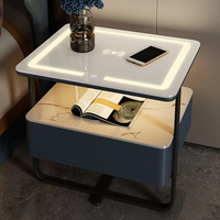 Table de Chevet Intelligente en Fer Forgé, Petite, Minimaliste et Moderne, Luxe Léger, Dalle de Roche, Bois Massif, avec Recharge sans Fil pour Chambre