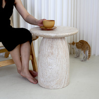 Table basse beige cannelée en faux travertin, table d'appoint moderne en imitation pierre de grotte à coins arrondis pour salon