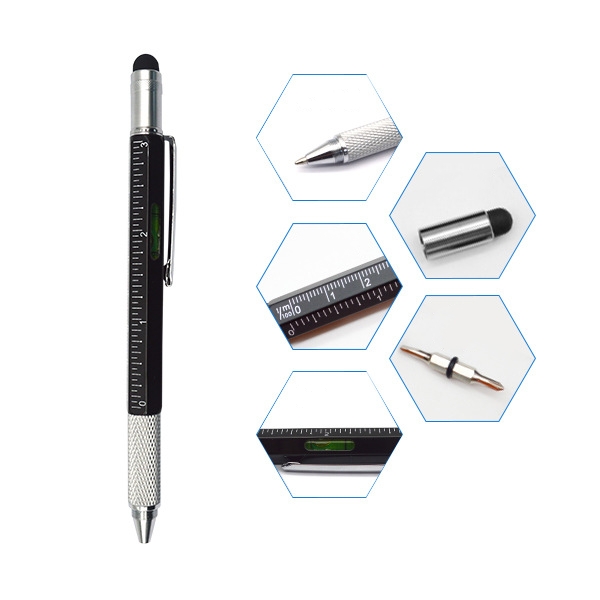 Пользовательский логотип 6 в 1 многофункциональная отвертка линейка уровень сенсорный Стилус металлическая шариковая ручка