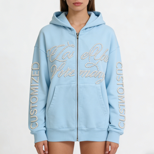 Custom Logo Women Summer Knitted 100% Cotton Zip-<b>Up</b> Hooded Long Sleeve Loose Casual Outerwear Pocket Pearl Decoration Hoodies - Product Image 2
