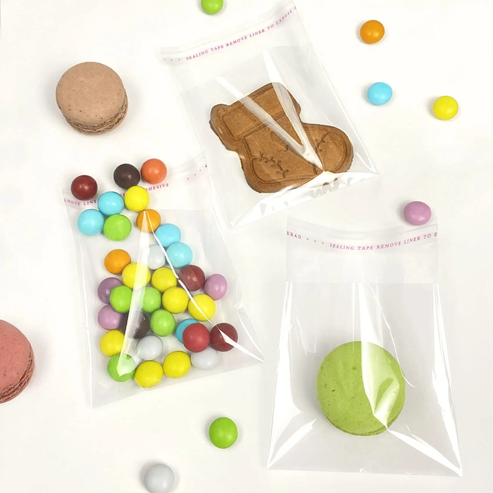 Emballage en plastique transparent avec logo imprimé personnalisé sac OPP sacs cellophane transparents auto-adhésifs pour biscuits, bonbons et bonbons avec adhésif