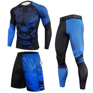 Conjunto deportivo de 3 piezas de manga larga con logo personalizado al por mayor: leggings deportivos push-up, pantalones cortos de compresión y camiseta de manga larga con bolsillo para hombre. - Product Image 2