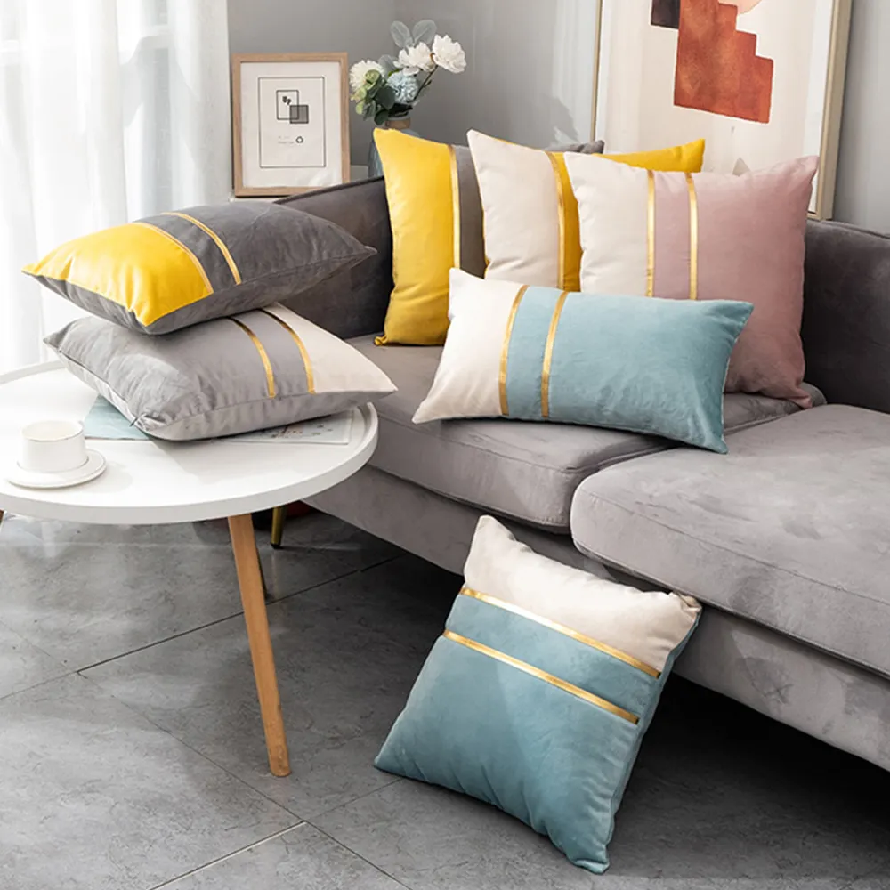 Fundas de cojín de terciopelo para sofá, de lujo, decorativas, grises, blancas y doradas, de cuero, venta al por mayor