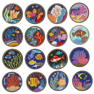 Iron-on Embroidered Colorful Marine Life Seaweed Cartoon <b>Ornamental</b> Fish Round Cloth Patch for Clothes Hats - Product Image 1