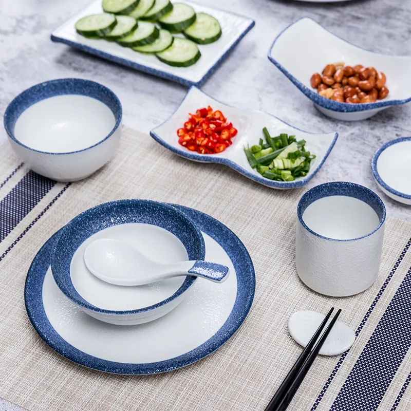 Chaoda hot sale Blue line Japanese style ceramics rice bowl sauce spoon dishes plate porcelain soup bowl set Wholesale
