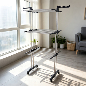 Space-saving Multilayer Foldable Adjustable Stainless Steel <b>Clothes</b> Drying Stand with Lockable Universal Casters for Indoor - Product Image 4