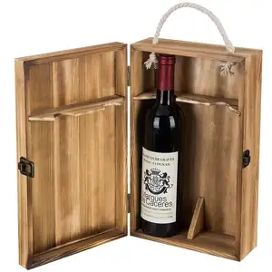 Caixa de vinho de garrafa dupla de madeira escuro, transportador de tampa dobradiça superior, marrom