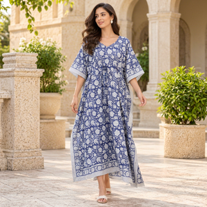 Vestido Maxi Boho Azul con Estampado Floral, 100% Algodón Tejido, Cuello en V, Sin Mangas, Cintura Holgada, Estilo Informal para Todas las Temporadas - Product Image 1