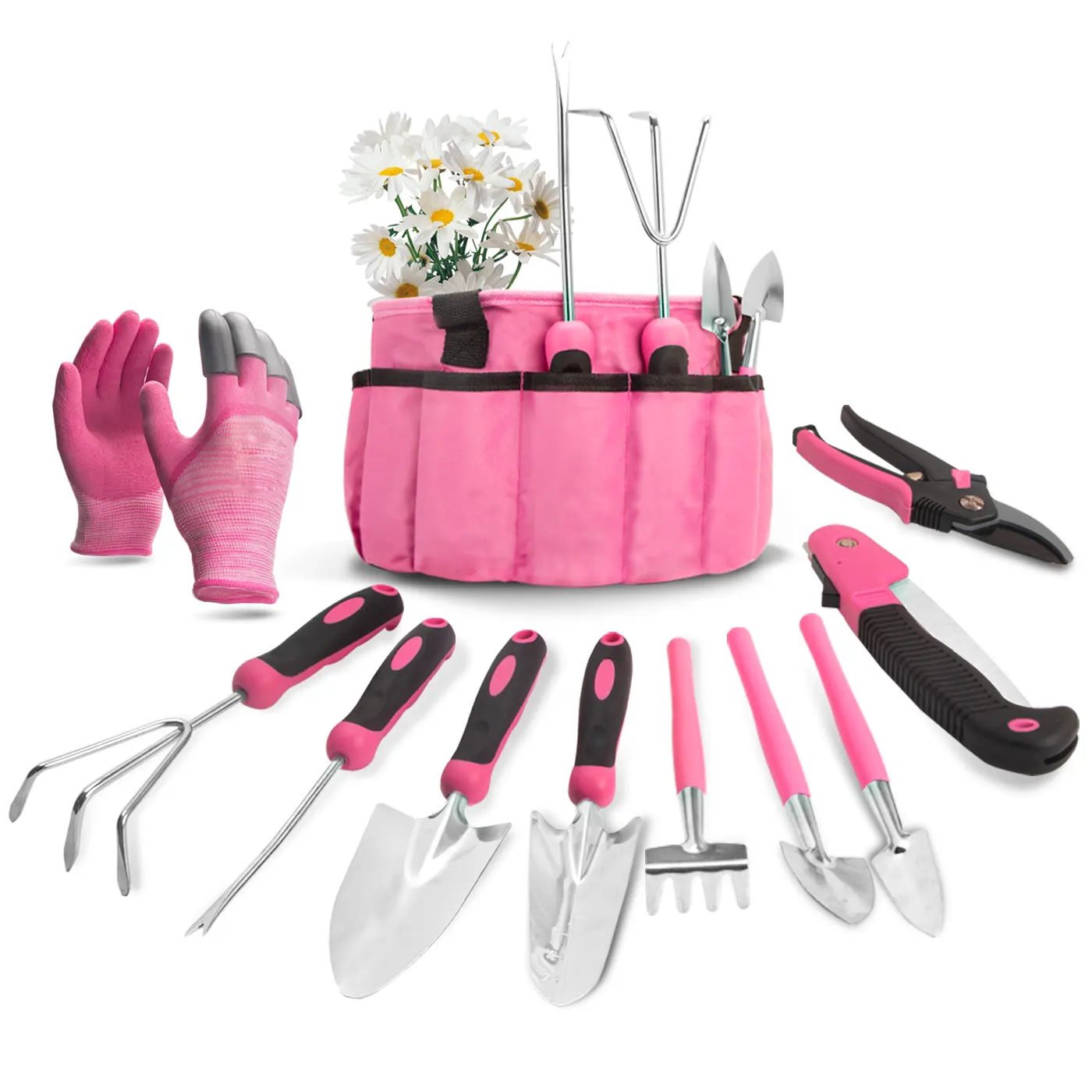 11 Piece Gardening Tool Set weeder fork rake trowel digging with Bag heavy duty for women Garden Tool Set pink set