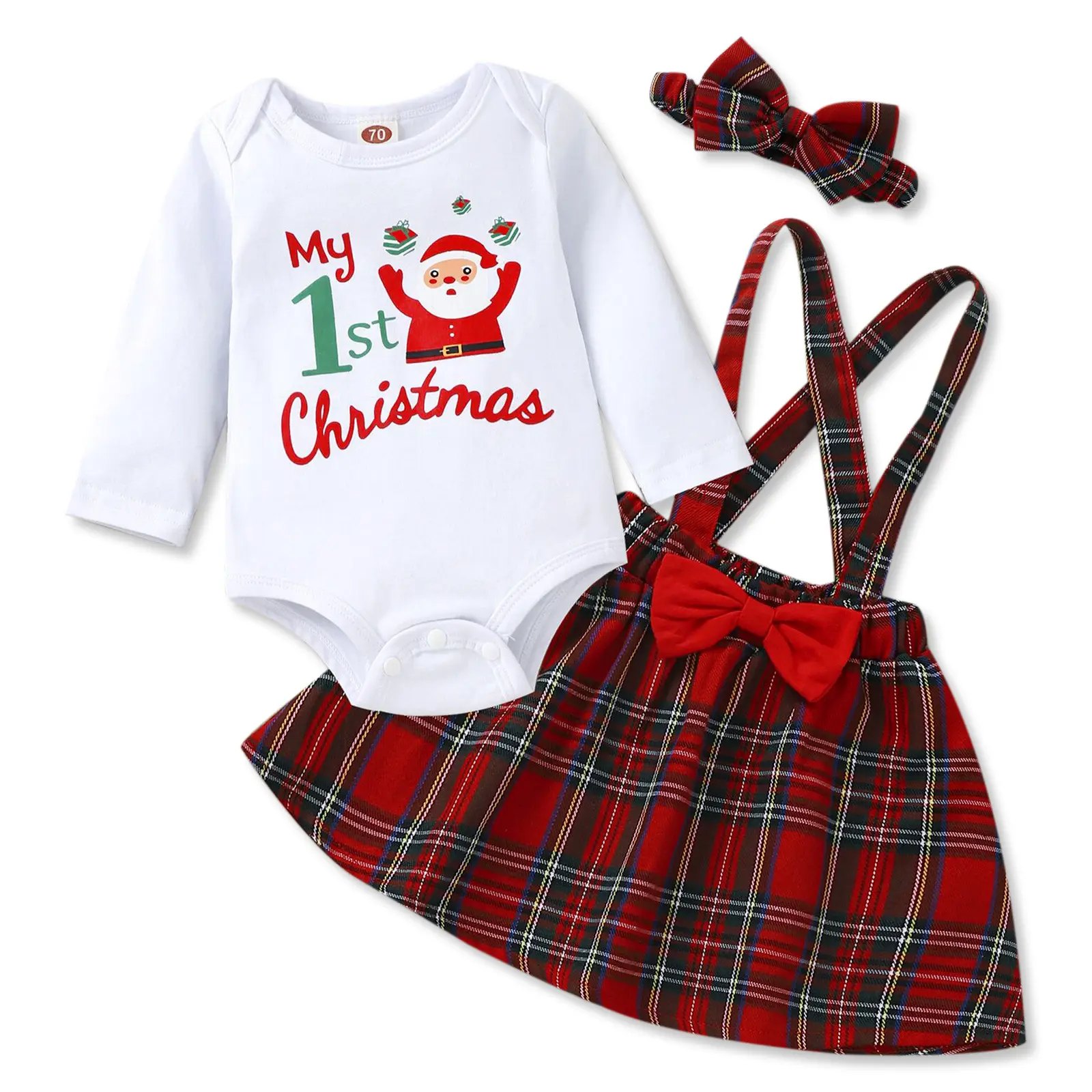 My First Christmas bambin barboteuse rouge à carreaux jupe à bretelles bandeau 3pcs ensemble de vêtements pour nouveau-nés et tout-petits 3pcs ensemble de vêtements pour bébés