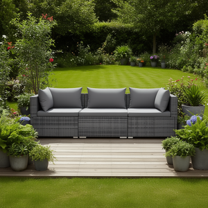 Gray Poly <b>Rattan</b> Wicker Patio <b>Sofa</b> Set With Cushions Outdoor Garden Furniture 3 Seater Contemporary Design - Product Image 2