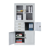 Armoire de rangement en acier gris clair, design durable et écologique, avec porte en verre, 3 tiroirs et serrure à clé