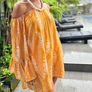 ผู้ผลิตออกแบบชุดมินิเดรสแขนสั้นพิมพ์ลายชายหาดแบบเปิดไหล่ ชุดฮาวายผ้าเรยอนสั่งทำพิเศษ - Product Image 4