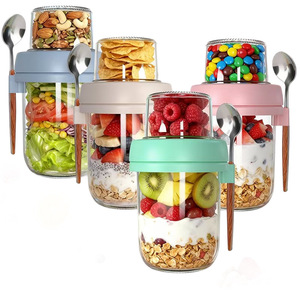 Tarros de vidrio para avena nocturna con tapas y cucharas, vasos de yogur de pared simple, recipientes portátiles para llevar, tazas de desayuno, para cereales, leche, ensalada, aptos para calentar - Product Image 5