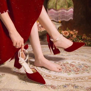 2026 New Style Red Wedding Shoes for Women Pointed Toe <b>Block</b> Heel Pumps with Bow & Pearl Comfortable All-Day Wear - Product Image 2