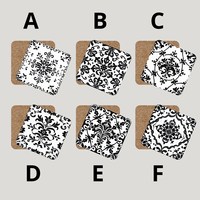 Ensemble de 6 dessous-de-verre carrés en céramique à motif floral damassé noir et blanc avec dos en liège, dessous-de-verre vintage baroque pour la décoration de la maison