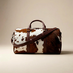 Bolsa de Viaje de Cuero Vacuno Auténtico, Diseño Marrón y Blanco, Ecológica, Gran Capacidad, Duradera, Ligera e Informal - Product Image 1