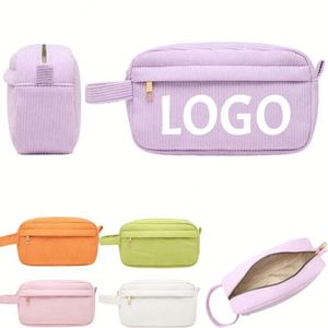 Sac de maquillage portable en velours côtelé avec logo personnalisé, grande capacité, organiseur de toilette de voyage avec poignée pour les vacances, le camping, la salle de sport - Product Image 1