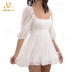Pabrik Kustom Fashion pakaian musim panas gaun renda kerah wanita kasual elegan sabuk putih lipit gaun Mini - Product Image 2