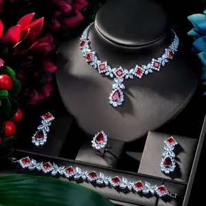AAA立方氧化锆项链手链耳环和戒指4件套迪拜全新娘珠宝套装女性派对礼品