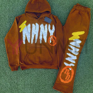 Custom logo Flared Sweat Pants and Hoodie Satin <strong>Lined</strong> <strong>Jogger</strong> Two Pieces Set Sweatsuits Oversized Cotton <strong>Fleece</strong> Tracksuit for <strong>Men</strong> - Product Image 1