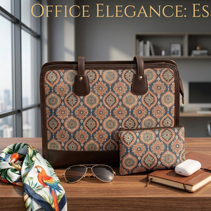 Custom Luxury Vintage Executive <b>Laptop</b> Tote Bag Jaipur Jacquard Woven Print Zipper Travel Office <b>Handbag</b> Pouch Leather Trim - Product Image 5