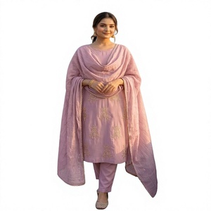 Conjunto de Kurti y Pantalón XL de Seda Lavanda Premium, Elástico, con Dupatta, Elegante Motivo Floral, Bordado con Hilo, Salwar Kameez Recto - Product Image 1
