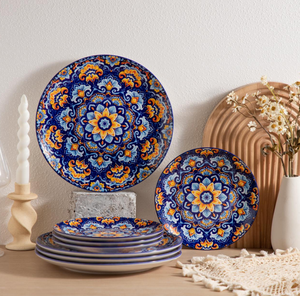Bohemian Colorful Deep Blue Plant Painted Eco-Friendly Durable Microwave Safe Ceramic Dinnerware <b>Set</b> 18/20/24/36 <b>Pieces</b> Custom - Product Image 3