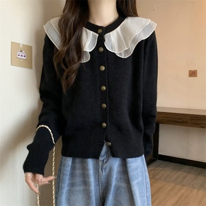 Maglione lavorato a <span class=keywords><strong>maglia</strong></span> <span class=keywords><strong>in</strong></span> tinta unita da donna con Design a balze all'ingrosso <span class=keywords><strong>in</strong></span> pizzo Chiffon con colletto arricciato Cardigan con bottone invernale - Product Image 3