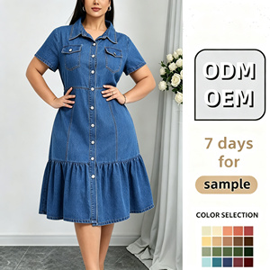 Vestido Camisero de Mezclilla Azul para Mujer, Manga Corta, Estilo Vintage, con Volantes en el Bajo, Abotonado, Casual, para el <span class=keywords><strong>Verano</strong></span> y Uso Diario - Product Image 1