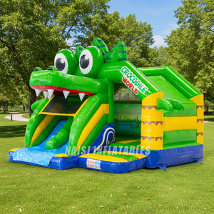Structure gonflable combinée <span class=keywords><strong>avec</strong></span> double toboggan, château gonflable crocodile, château gonflable <span class=keywords><strong>pour</strong></span> enfants sur le thème de la jungle et des animaux, <span class=keywords><strong>pour</strong></span> <span class=keywords><strong>location</strong></span> événementielle - Product Image 1